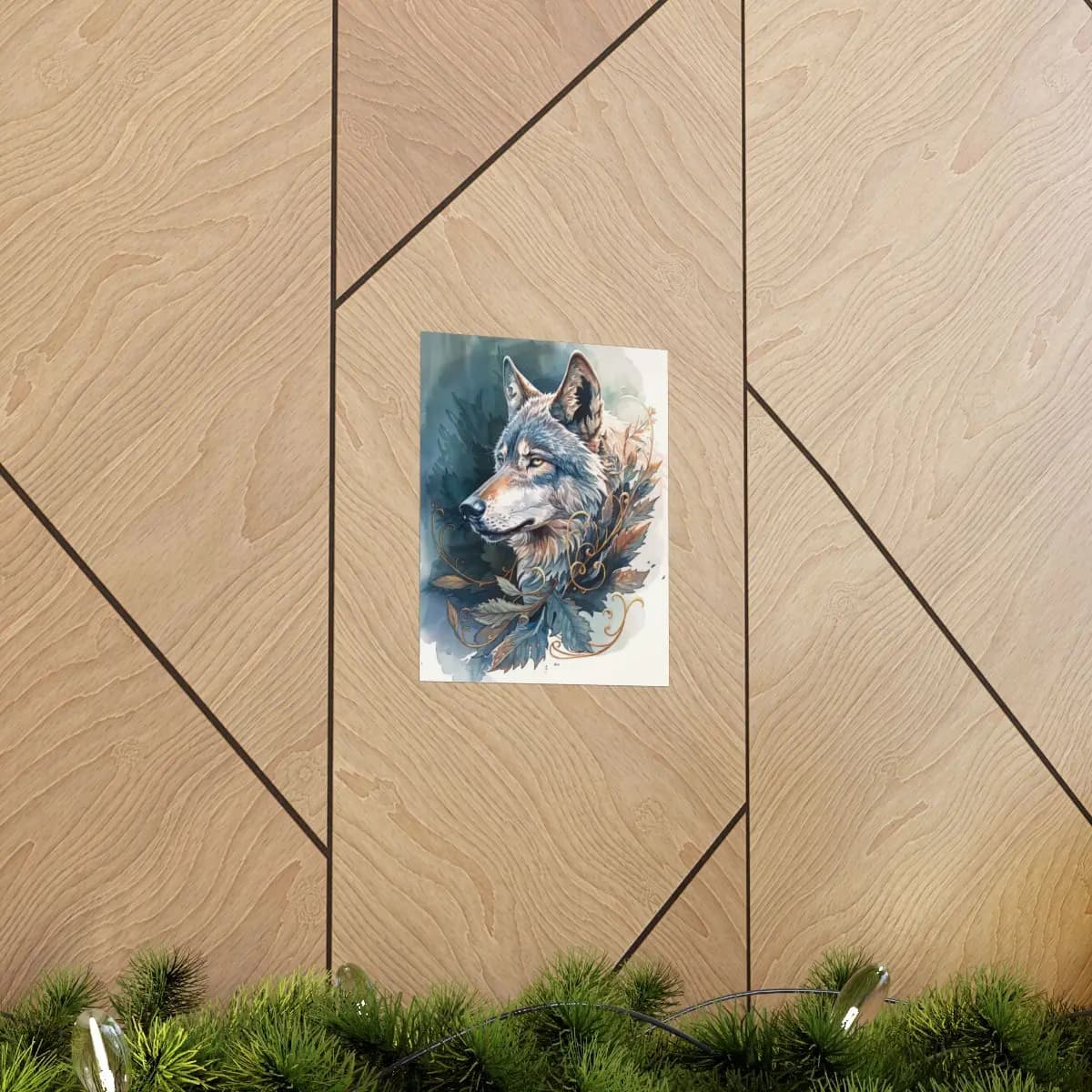 Wild Wolf Portrait with Golden Arabesques - Matte Vertical Posters mockup angle 5
