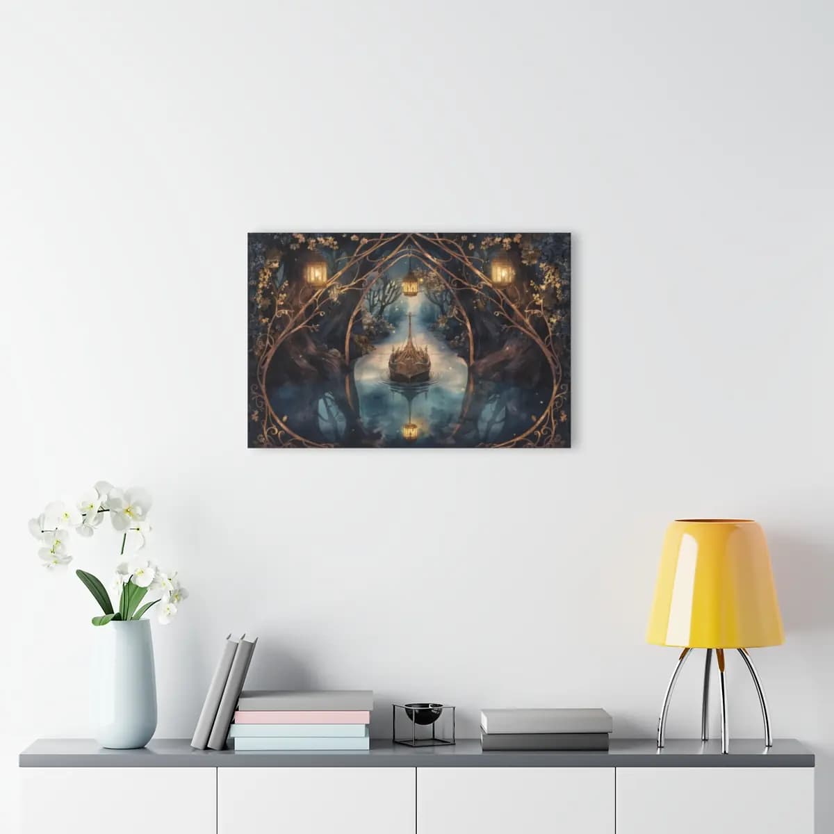 Enchanted Vessel on the River of Lanterns - Acrylic Prints (French Cleat Hanging) mockup angle 4