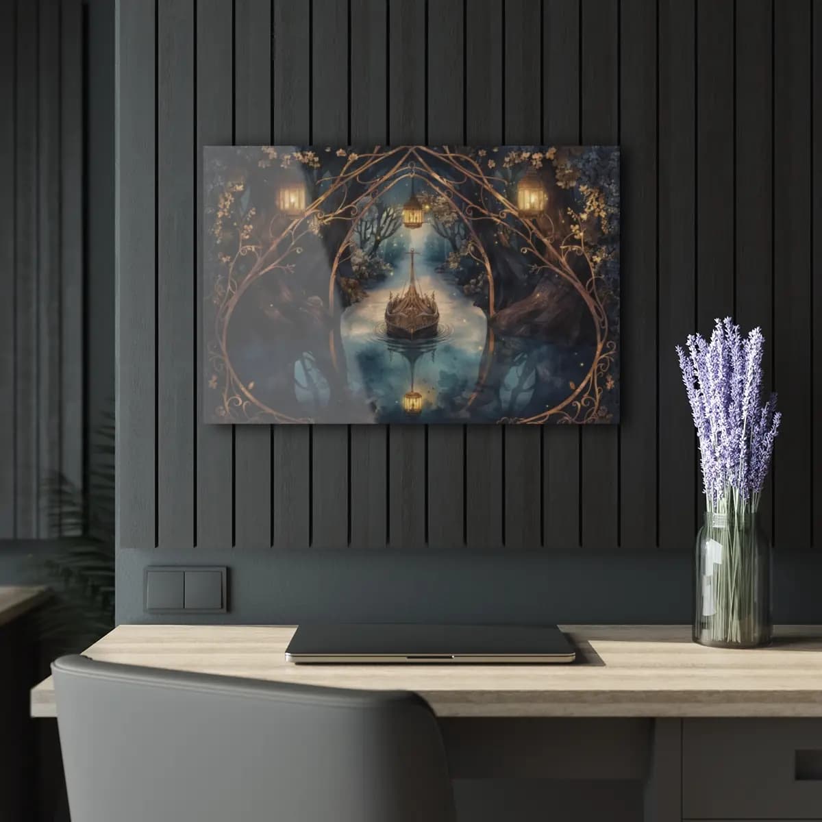 Enchanted Vessel on the River of Lanterns - Acrylic Prints (French Cleat Hanging) mockup angle 5