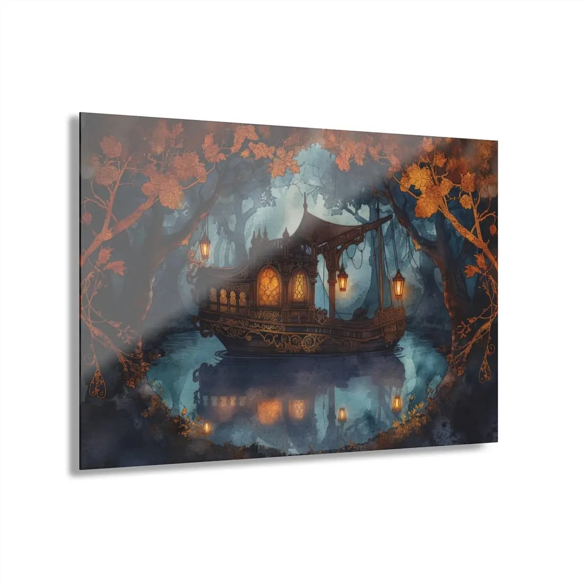 Enchanted Lantern Boat Drifting Through a Nocturnal Forest - Acrylic Prints (French Cleat Hanging) mockup angle 1