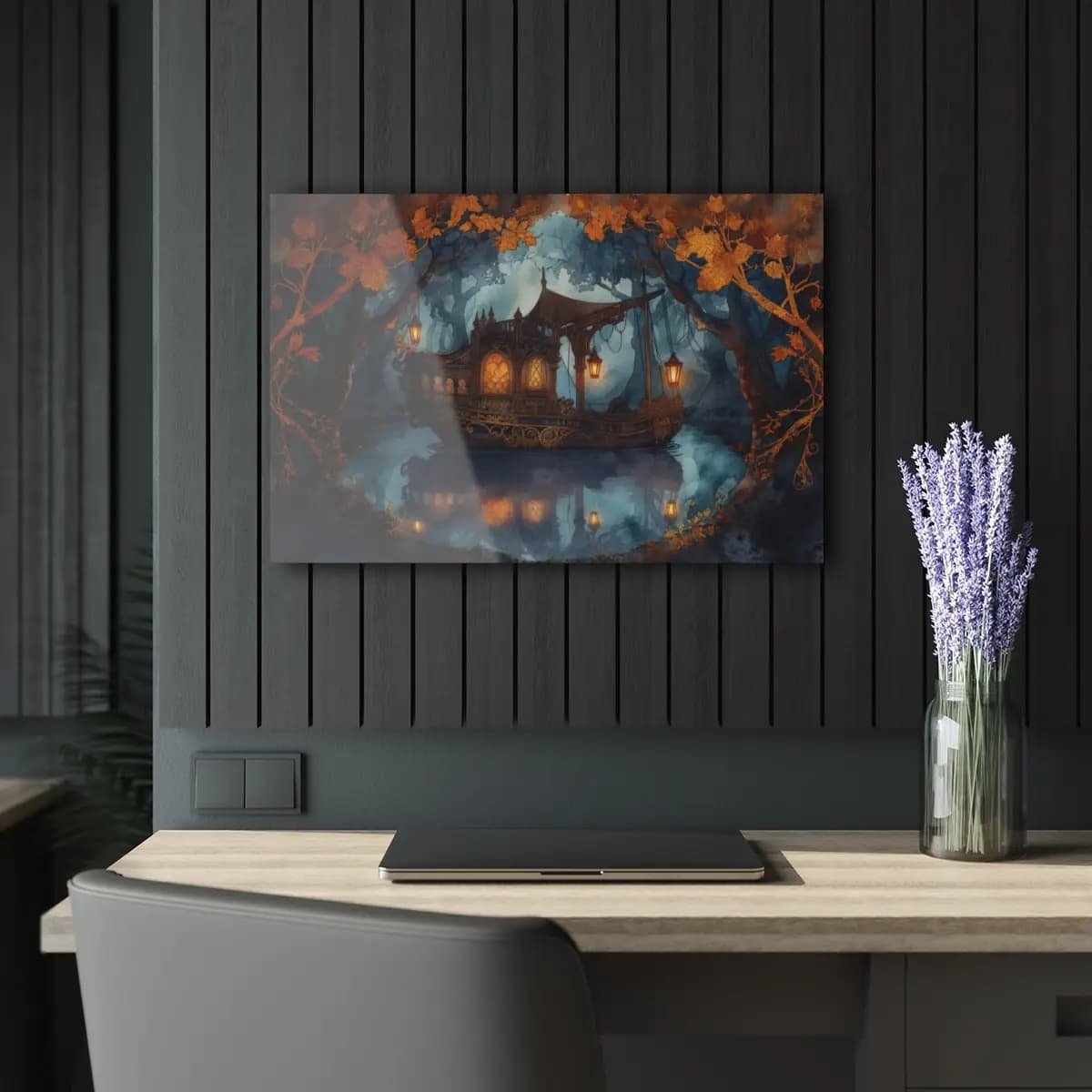 Enchanted Lantern Boat Drifting Through a Nocturnal Forest - Acrylic Prints (French Cleat Hanging) mockup angle 5