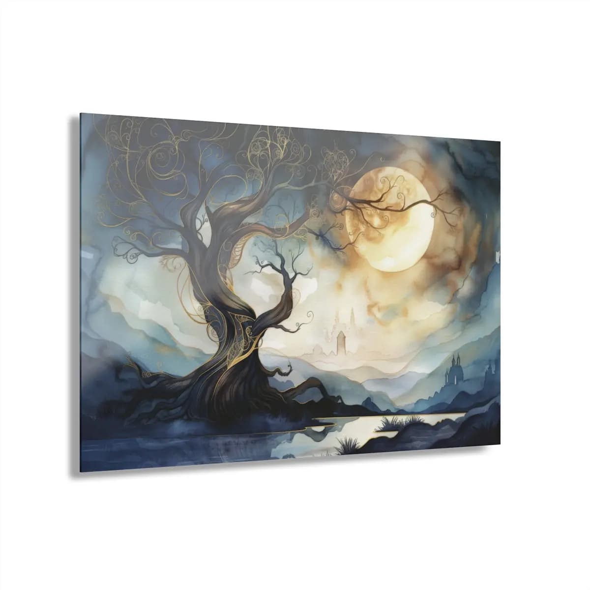 The Enchanted Tree Beneath the Golden Moon - Acrylic Prints (French Cleat Hanging) mockup angle 1