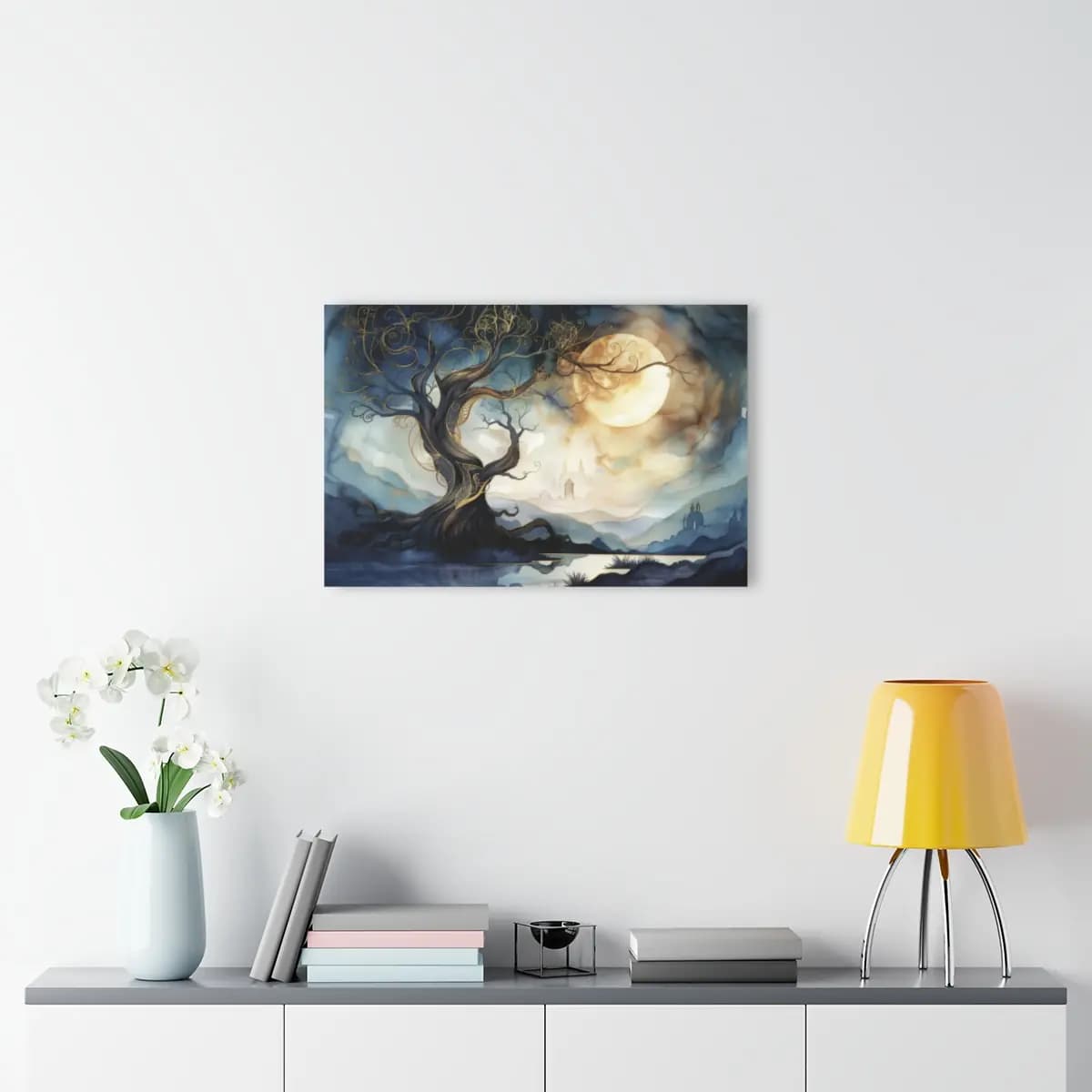 The Enchanted Tree Beneath the Golden Moon - Acrylic Prints (French Cleat Hanging) mockup angle 4