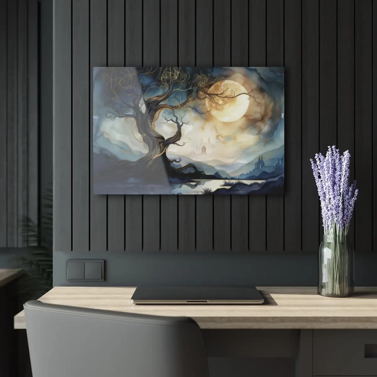 The Enchanted Tree Beneath the Golden Moon - Acrylic Prints (French Cleat Hanging) mockup angle 5
