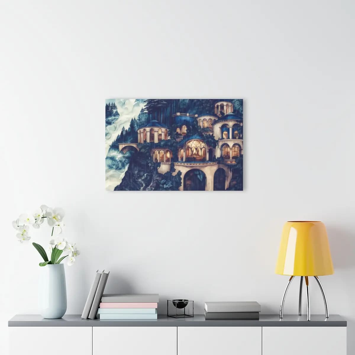 Enchanted Palace Towers in a Forest Rain - Acrylic Prints (French Cleat Hanging) mockup angle 4