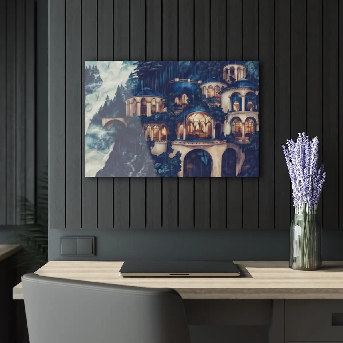 Enchanted Palace Towers in a Forest Rain - Acrylic Prints (French Cleat Hanging) mockup angle 5