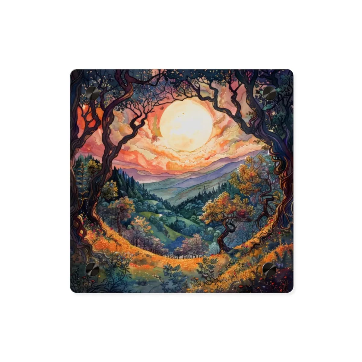 Full Moon Over an Enchanted Valley - Acrylic Wall Art Panels mockup angle 1