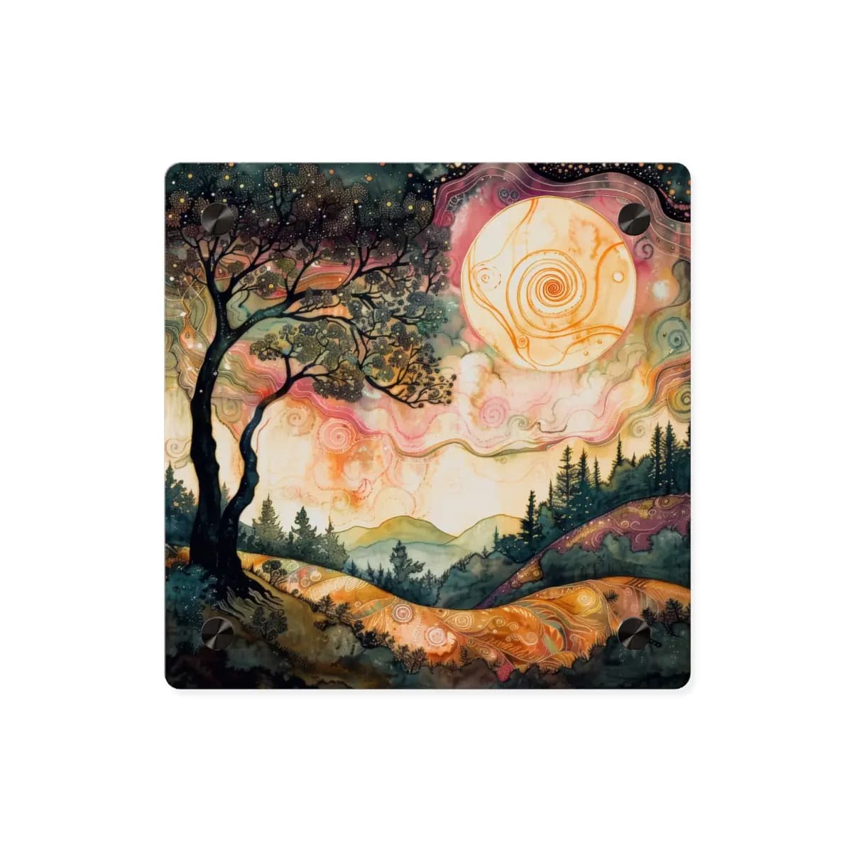 Golden Moon Over an Enchanted Twilight Landscape - Acrylic Wall Art Panels mockup angle 1