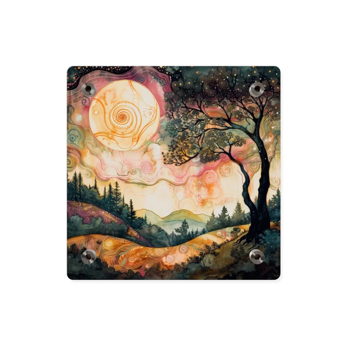 Golden Moon Over an Enchanted Twilight Landscape - Acrylic Wall Art Panels mockup angle 2