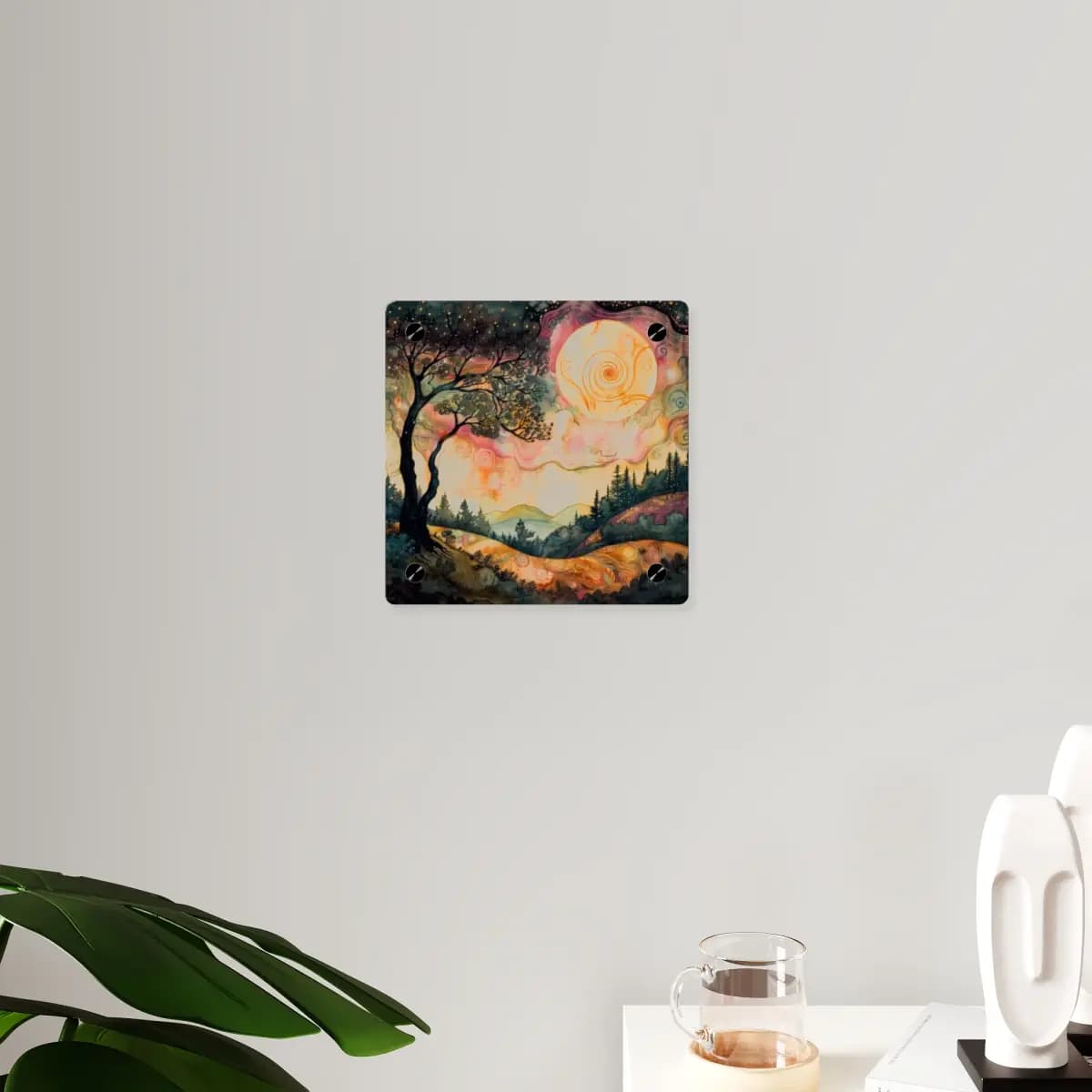 Golden Moon Over an Enchanted Twilight Landscape - Acrylic Wall Art Panels mockup angle 3