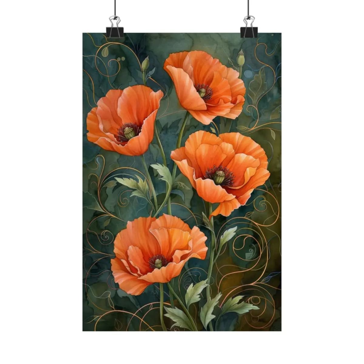 Blooming Orange Poppies with Golden Arabesques - Matte Vertical Posters mockup angle 1