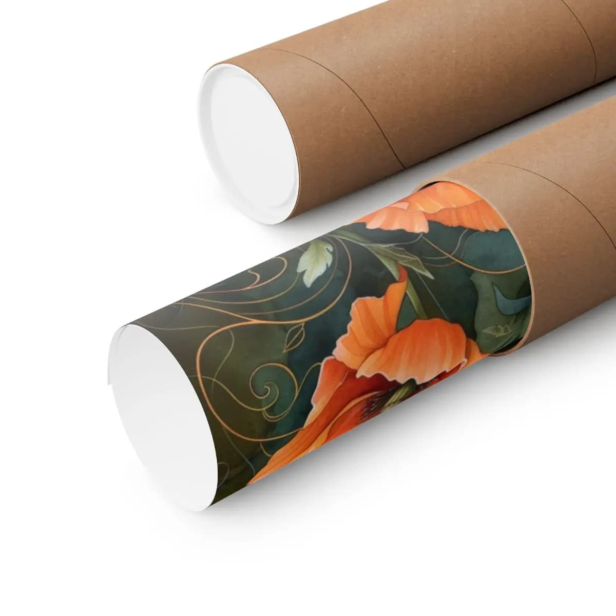 Blooming Orange Poppies with Golden Arabesques - Matte Vertical Posters mockup angle 3