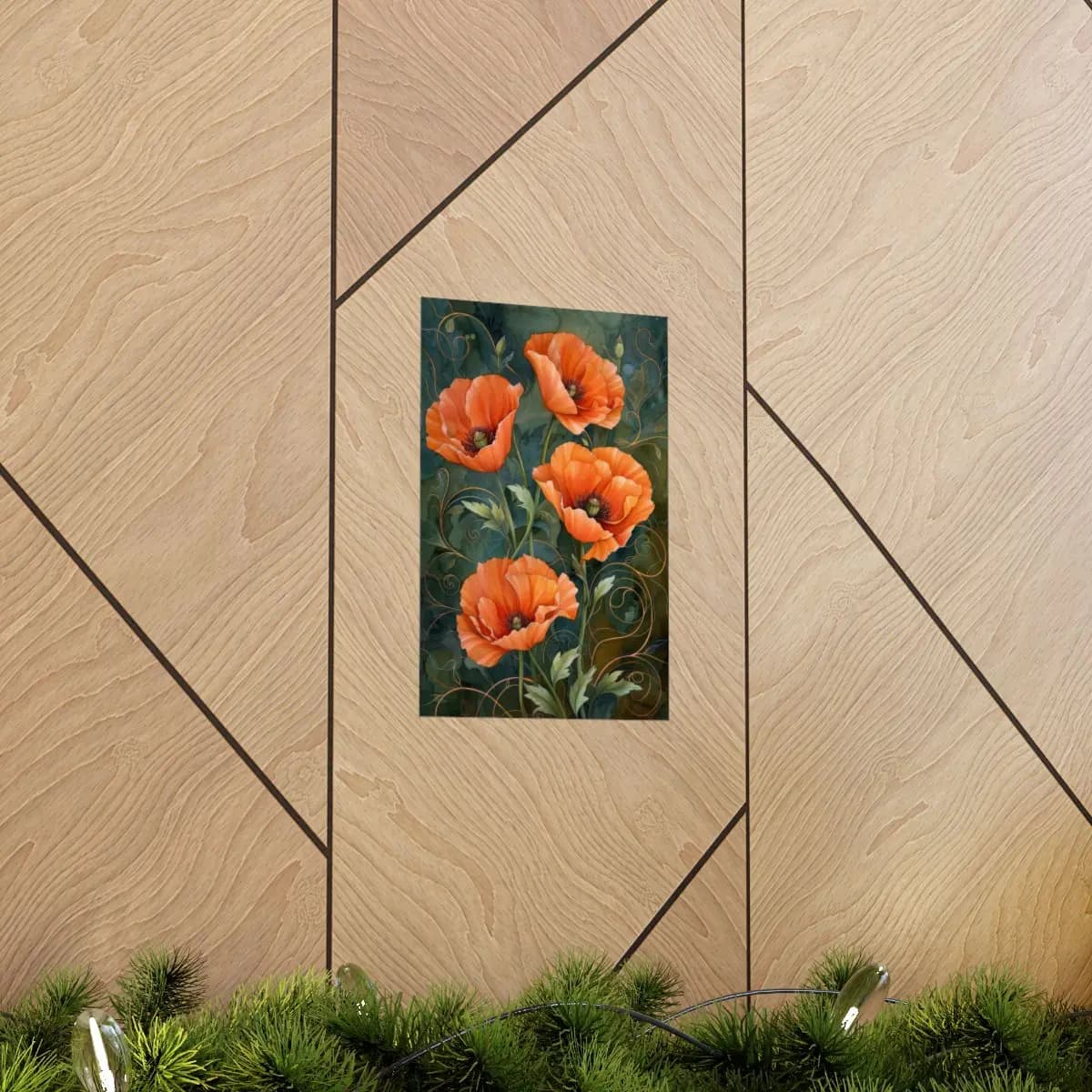 Blooming Orange Poppies with Golden Arabesques - Matte Vertical Posters mockup angle 5