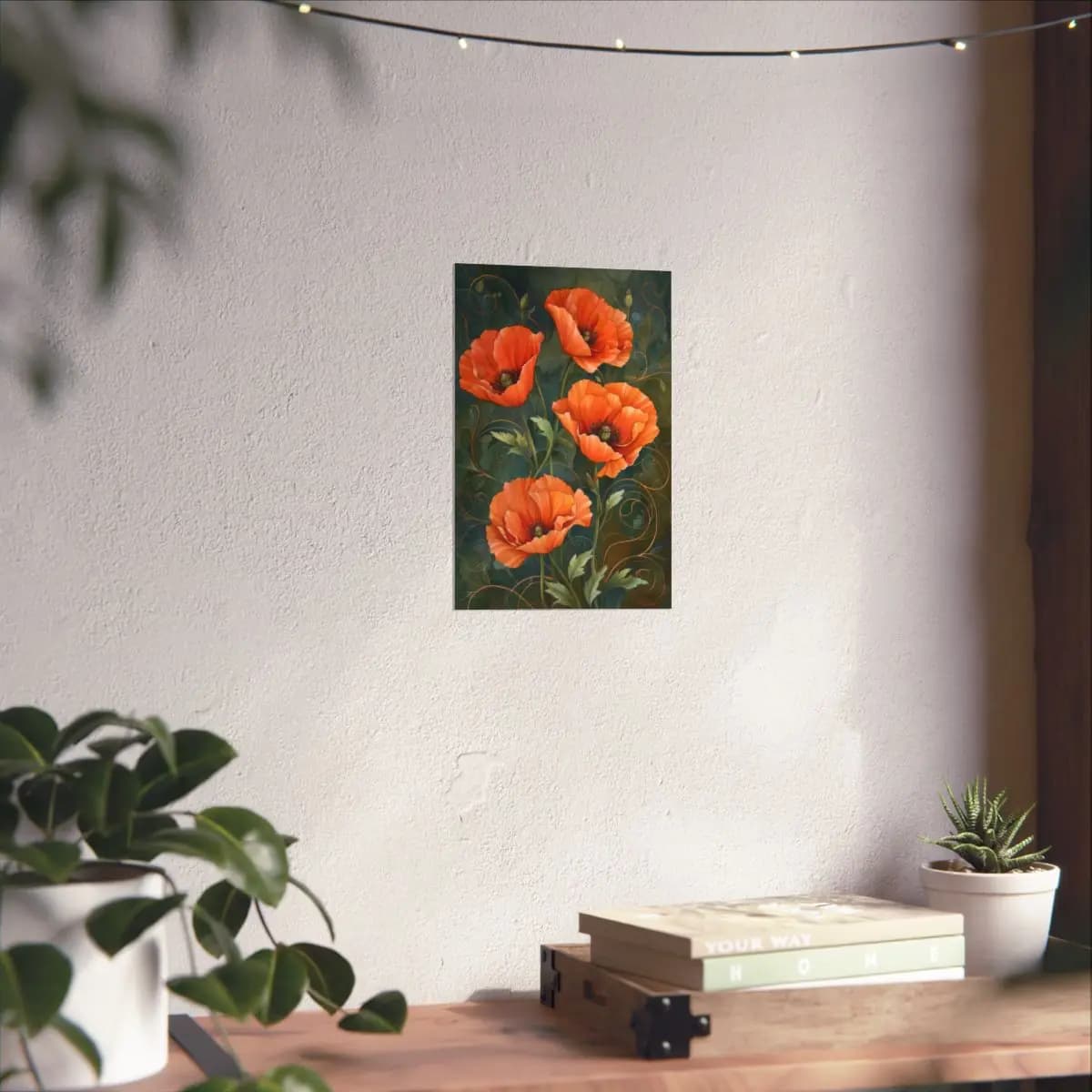 Blooming Orange Poppies with Golden Arabesques - Matte Vertical Posters mockup angle 6