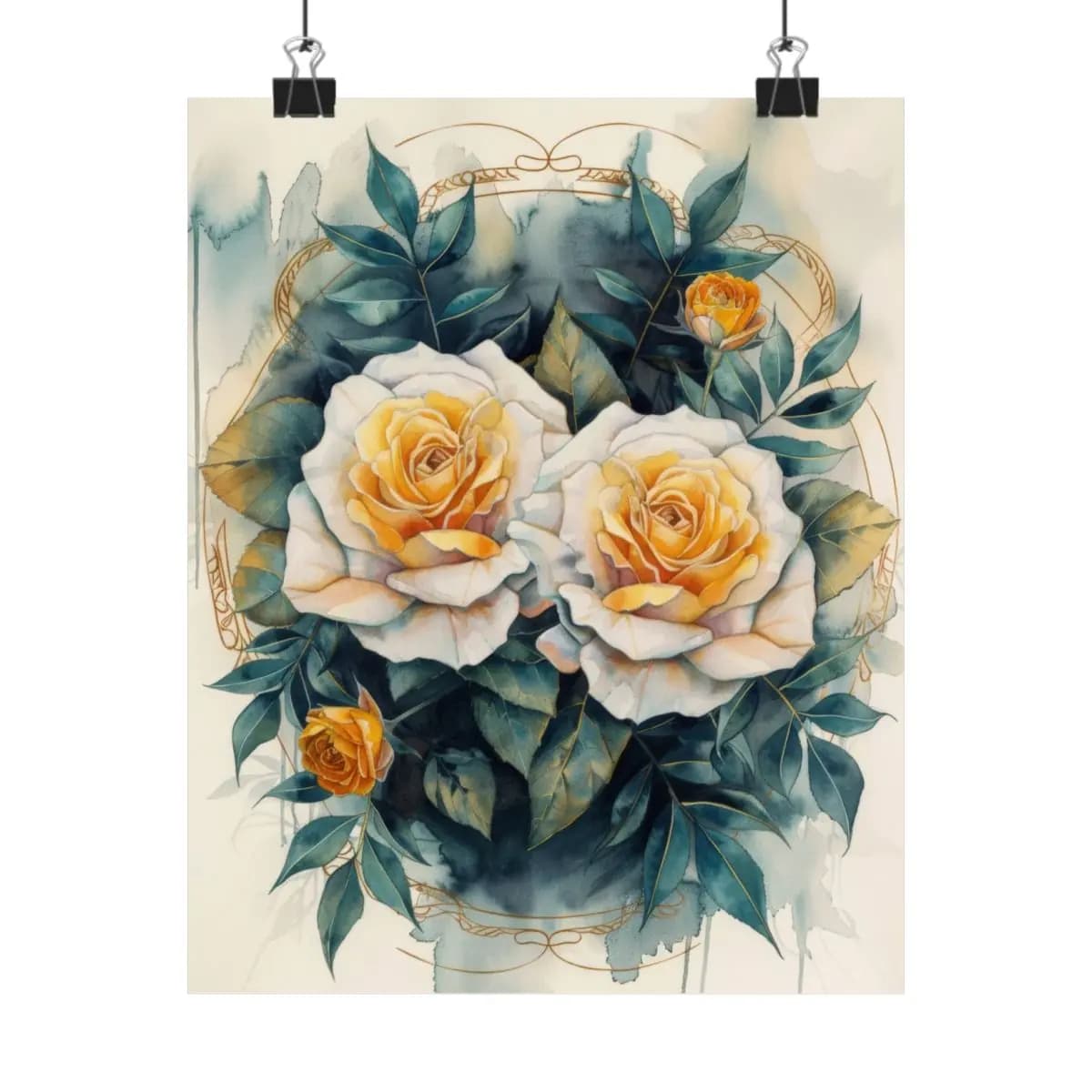 Golden Roses and Dark Foliage in a Gilded Medallion - Matte Vertical Posters mockup angle 1