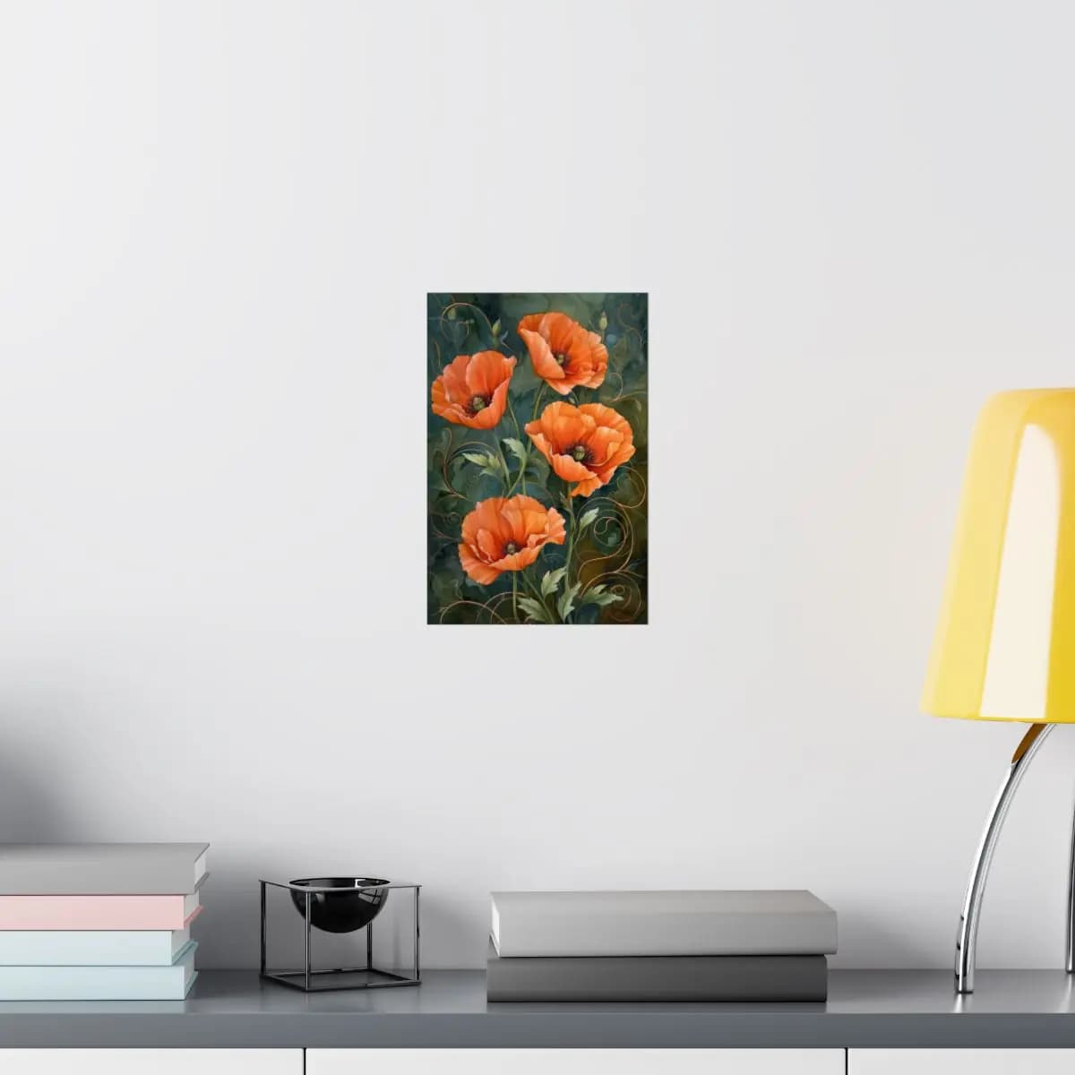 Blooming Orange Poppies with Golden Arabesques - Matte Vertical Posters mockup angle 8