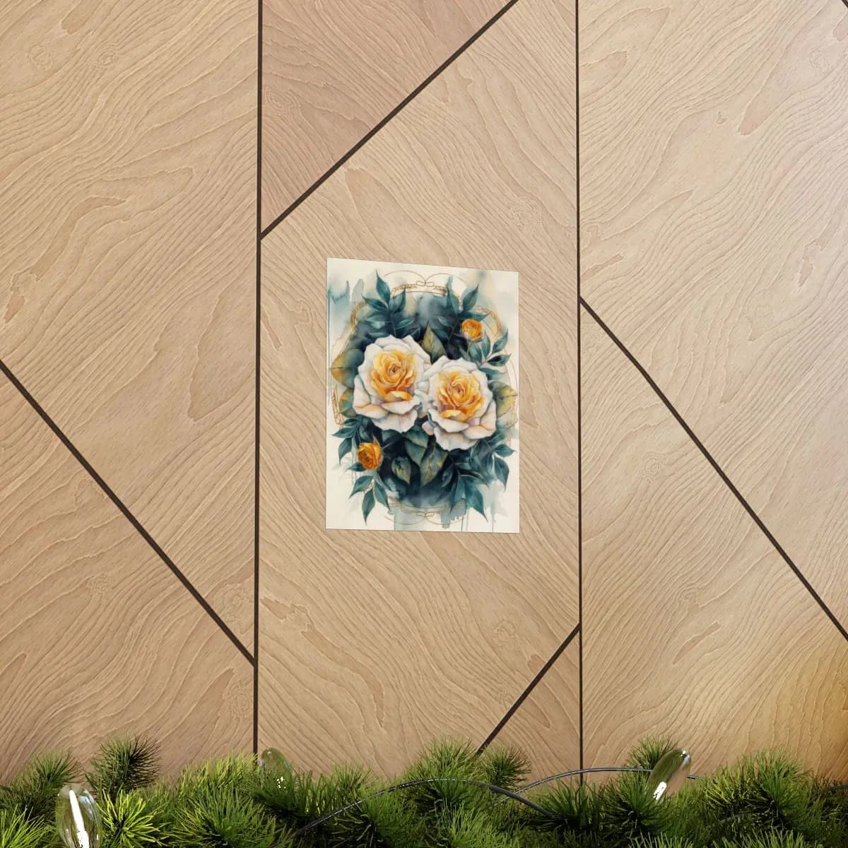 Golden Roses and Dark Foliage in a Gilded Medallion - Matte Vertical Posters mockup angle 5