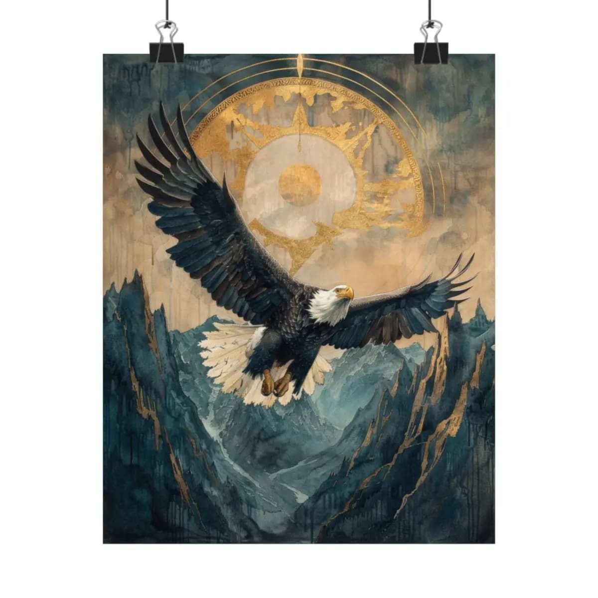 The Sovereign Eagle Above Golden Peaks - Matte Vertical Posters mockup angle 1