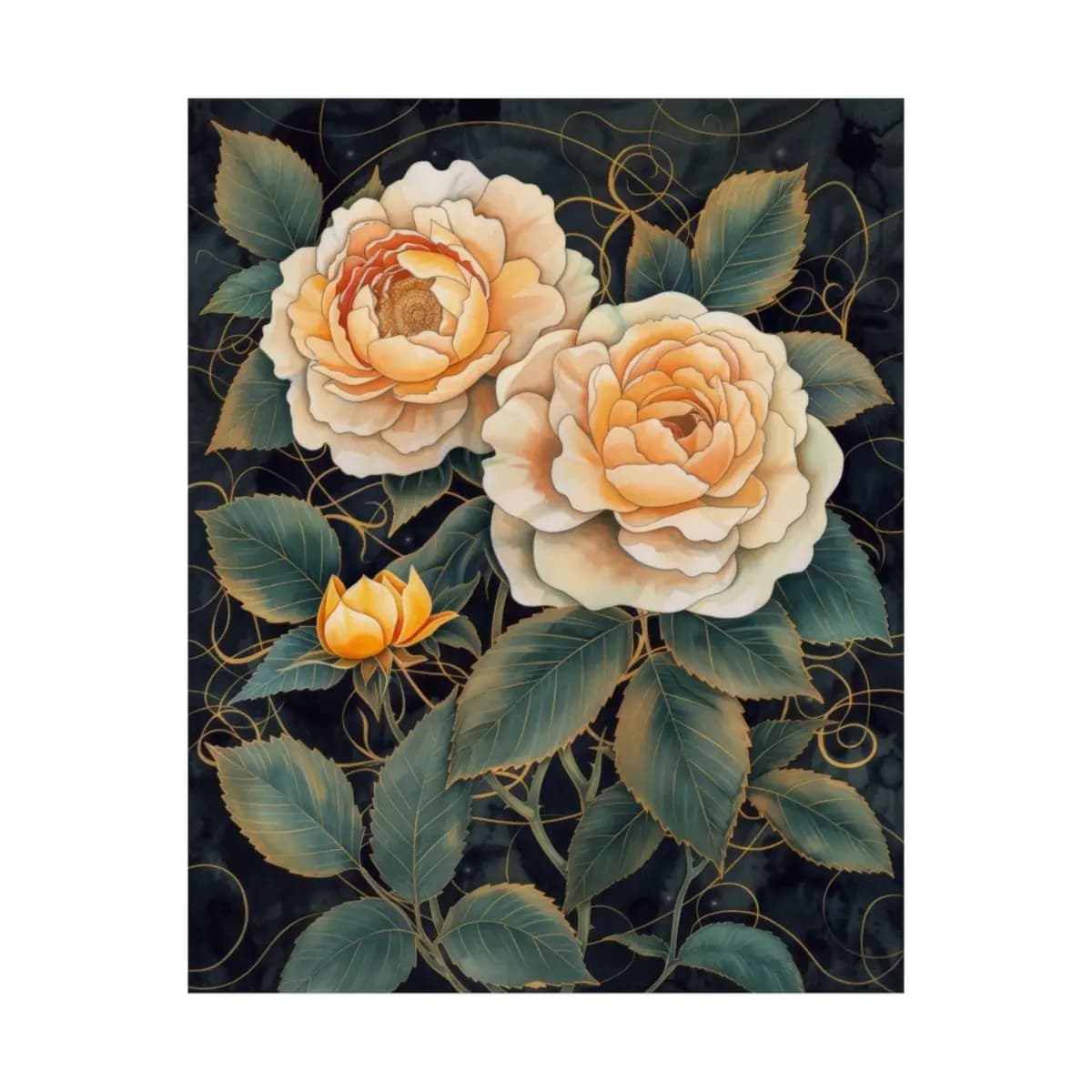 Cream Roses and Golden Bud on Dark Ground - Matte Vertical Posters mockup angle 2