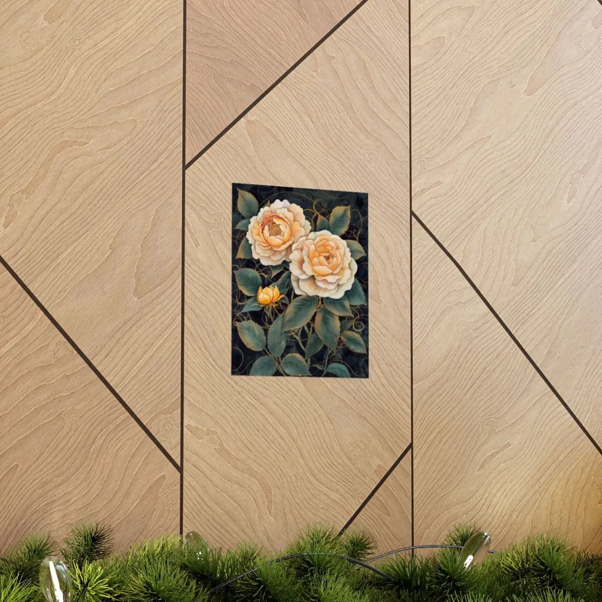Cream Roses and Golden Bud on Dark Ground - Matte Vertical Posters mockup angle 5
