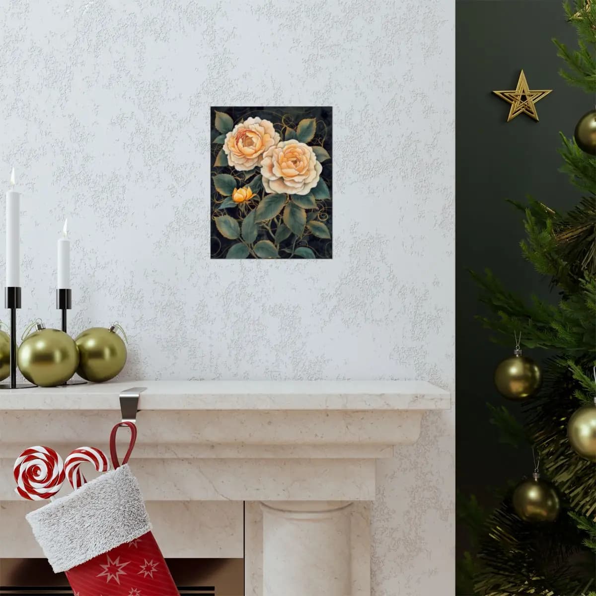 Cream Roses and Golden Bud on Dark Ground - Matte Vertical Posters mockup angle 7