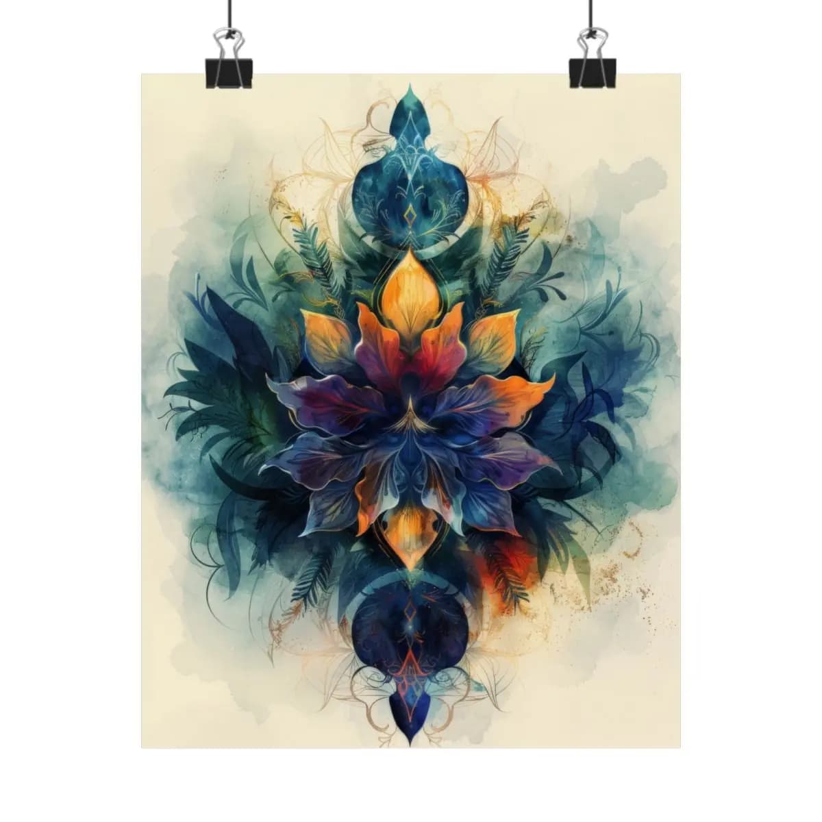Ornamental Floral Mandala with Feathers and Gold - Matte Vertical Posters mockup angle 1