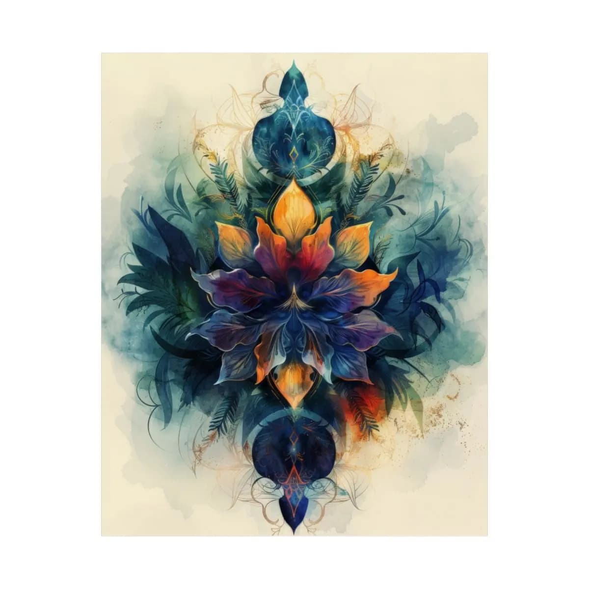 Ornamental Floral Mandala with Feathers and Gold - Matte Vertical Posters mockup angle 2