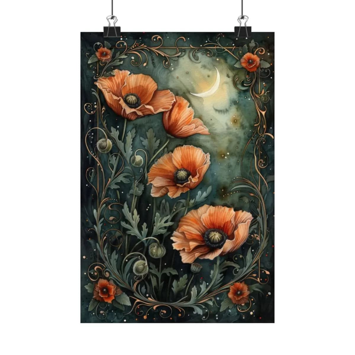 Poppies in Moonlight with a Golden Crescent - Matte Vertical Posters mockup angle 1