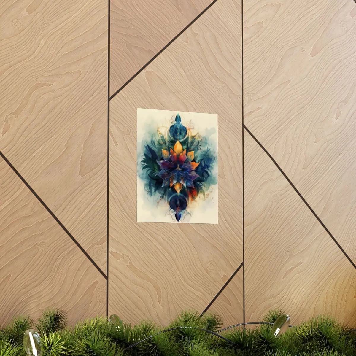 Ornamental Floral Mandala with Feathers and Gold - Matte Vertical Posters mockup angle 5