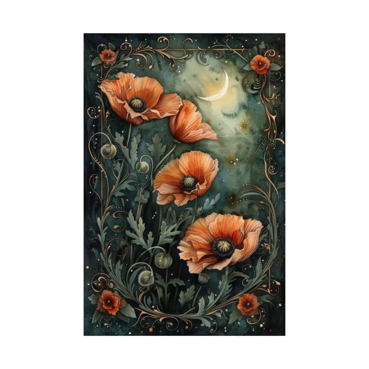 Poppies in Moonlight with a Golden Crescent - Matte Vertical Posters mockup angle 2
