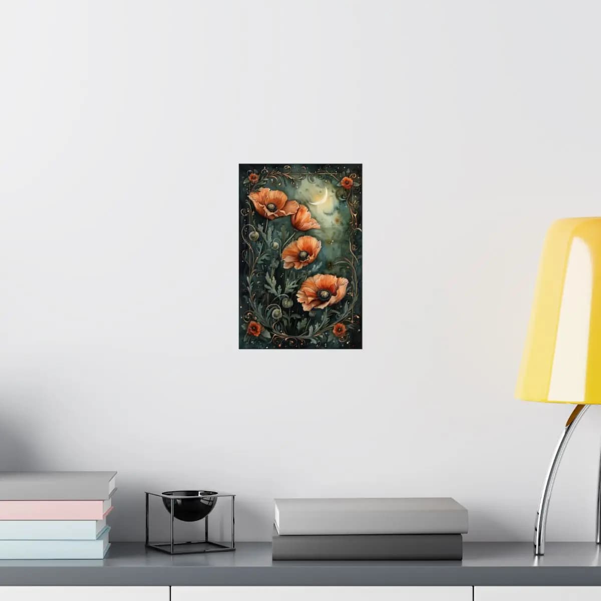 Poppies in Moonlight with a Golden Crescent - Matte Vertical Posters mockup angle 8