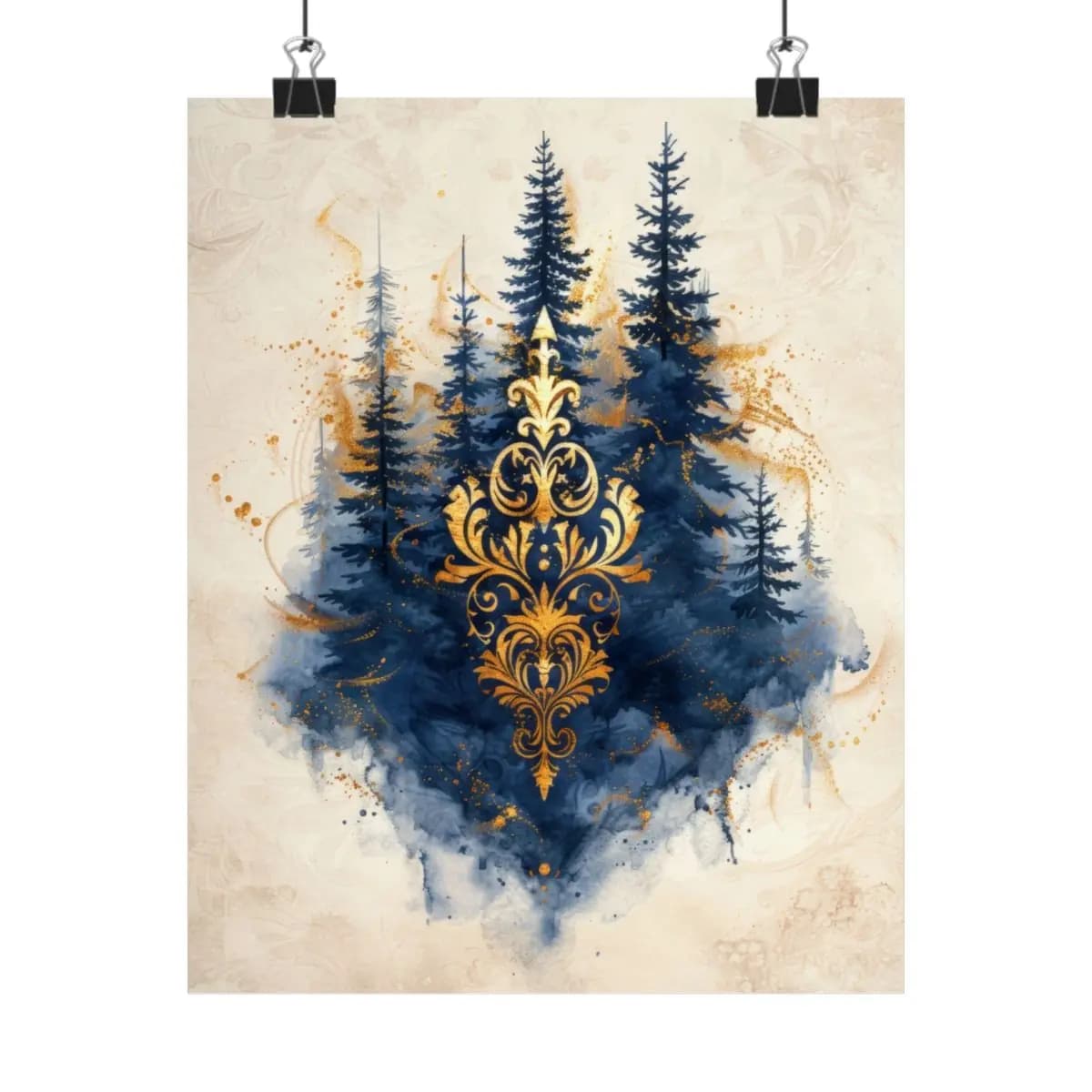 Enchanted Pine Forest with Golden Baroque Ornament - Matte Vertical Posters mockup angle 1