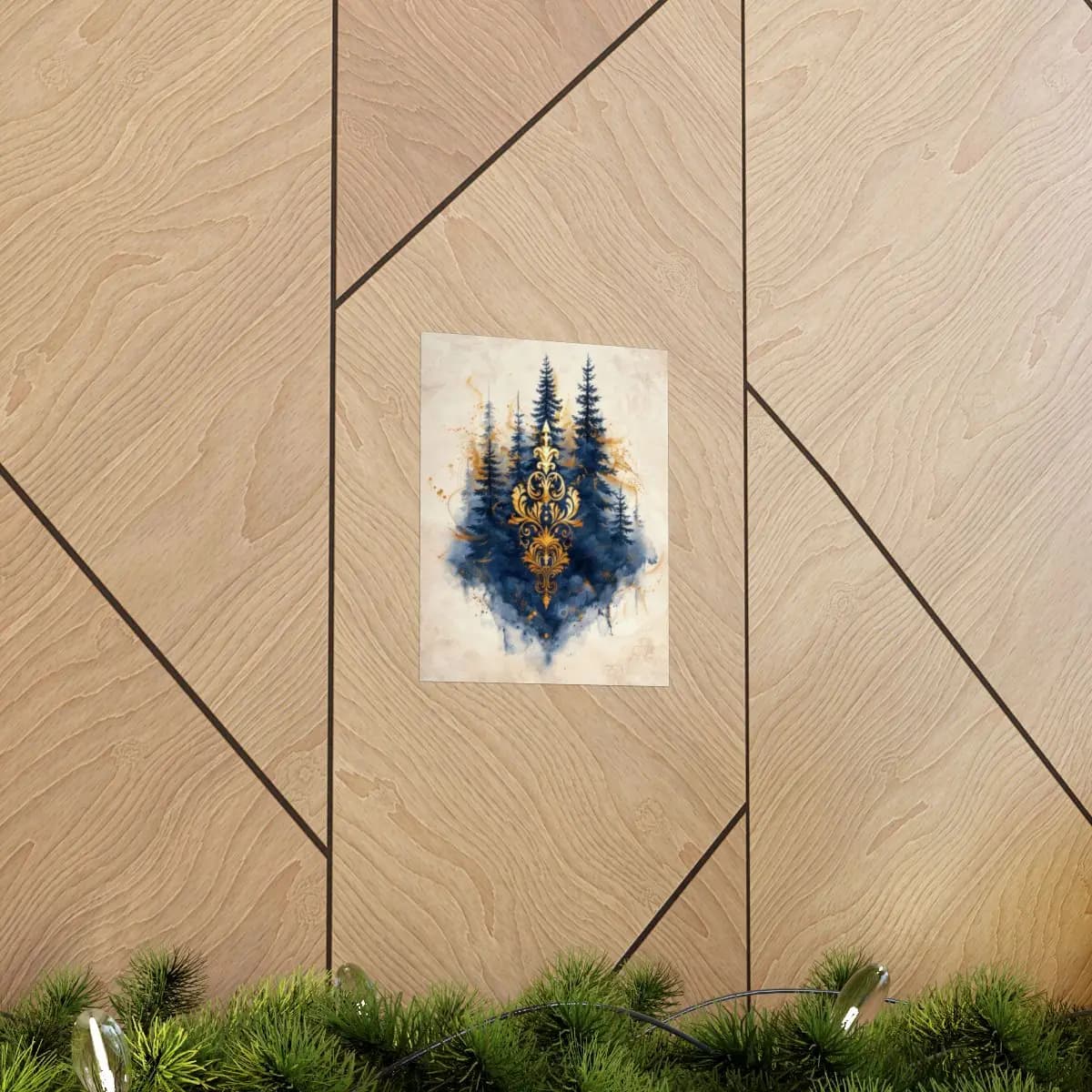 Enchanted Pine Forest with Golden Baroque Ornament - Matte Vertical Posters mockup angle 5