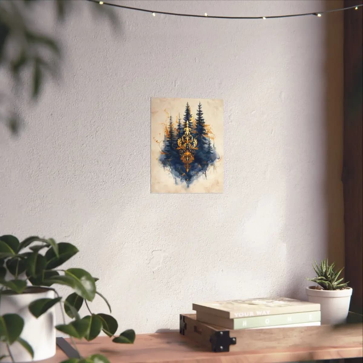Enchanted Pine Forest with Golden Baroque Ornament - Matte Vertical Posters mockup angle 6