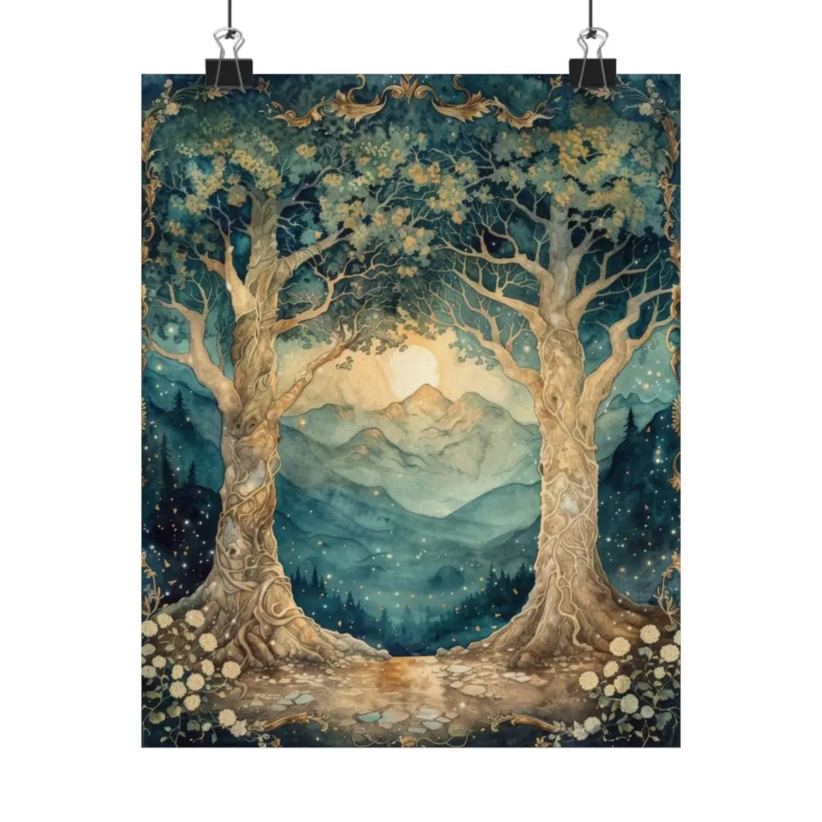 Ancient Oak Gateway Under the Mountain Moon - Matte Vertical Posters mockup angle 1
