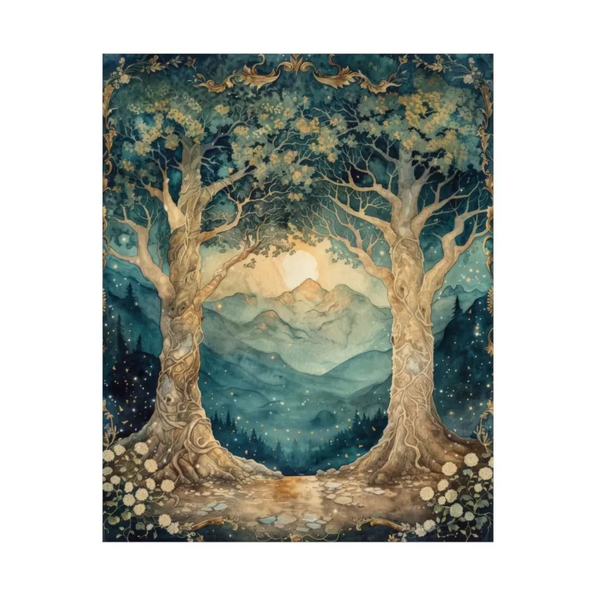 Ancient Oak Gateway Under the Mountain Moon - Matte Vertical Posters mockup angle 2