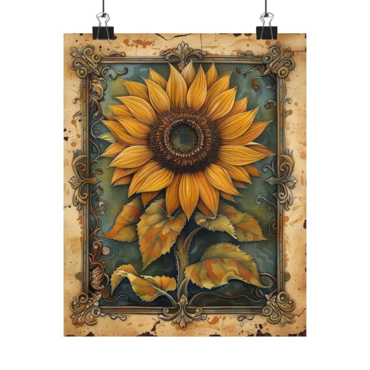 Majestic Sunflower in an Antique Baroque Frame - Matte Vertical Posters mockup angle 1