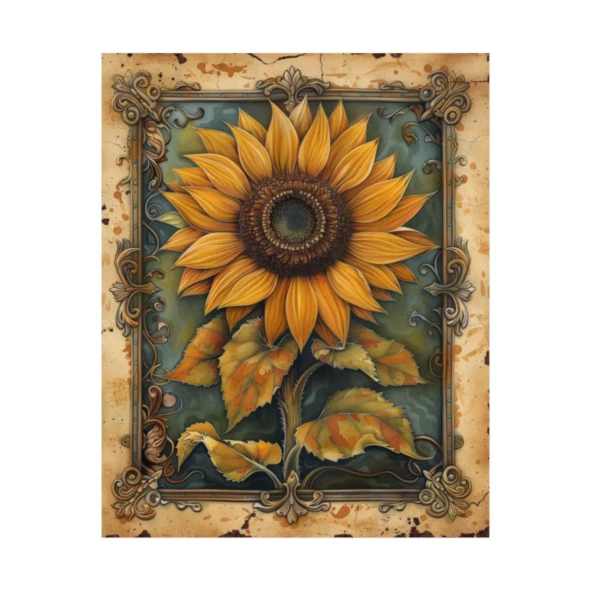 Majestic Sunflower in an Antique Baroque Frame - Matte Vertical Posters mockup angle 2