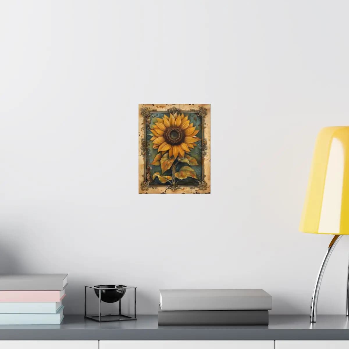 Majestic Sunflower in an Antique Baroque Frame - Matte Vertical Posters mockup angle 8