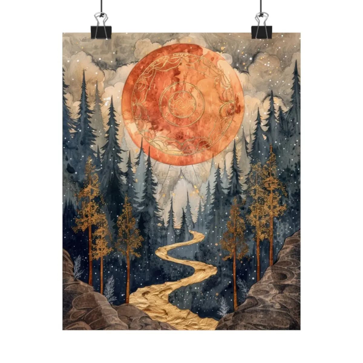Blood Moon Rising Over the Golden Path - Matte Vertical Posters mockup angle 1