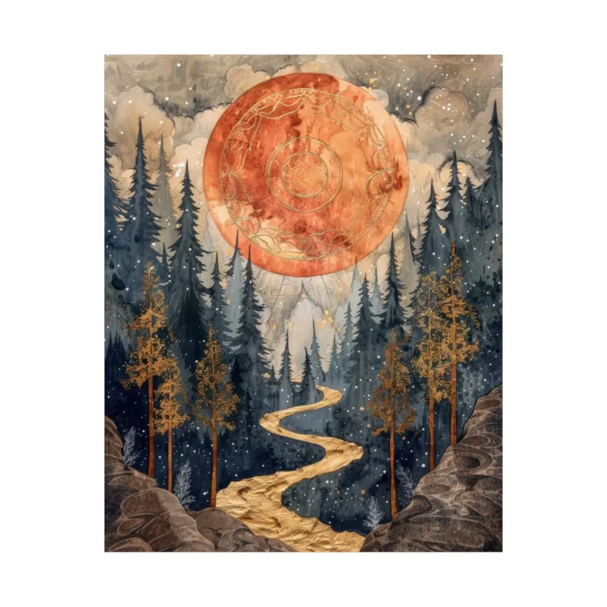 Blood Moon Rising Over the Golden Path - Matte Vertical Posters mockup angle 2