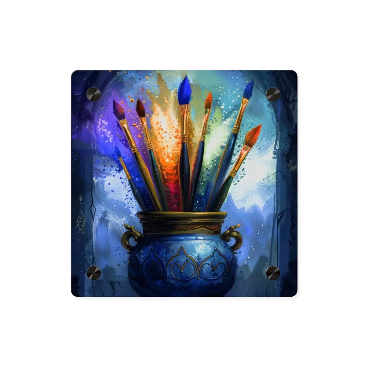 The Cauldron of Enchanted Paintbrushes - Acrylic Wall Art Panels mockup angle 1