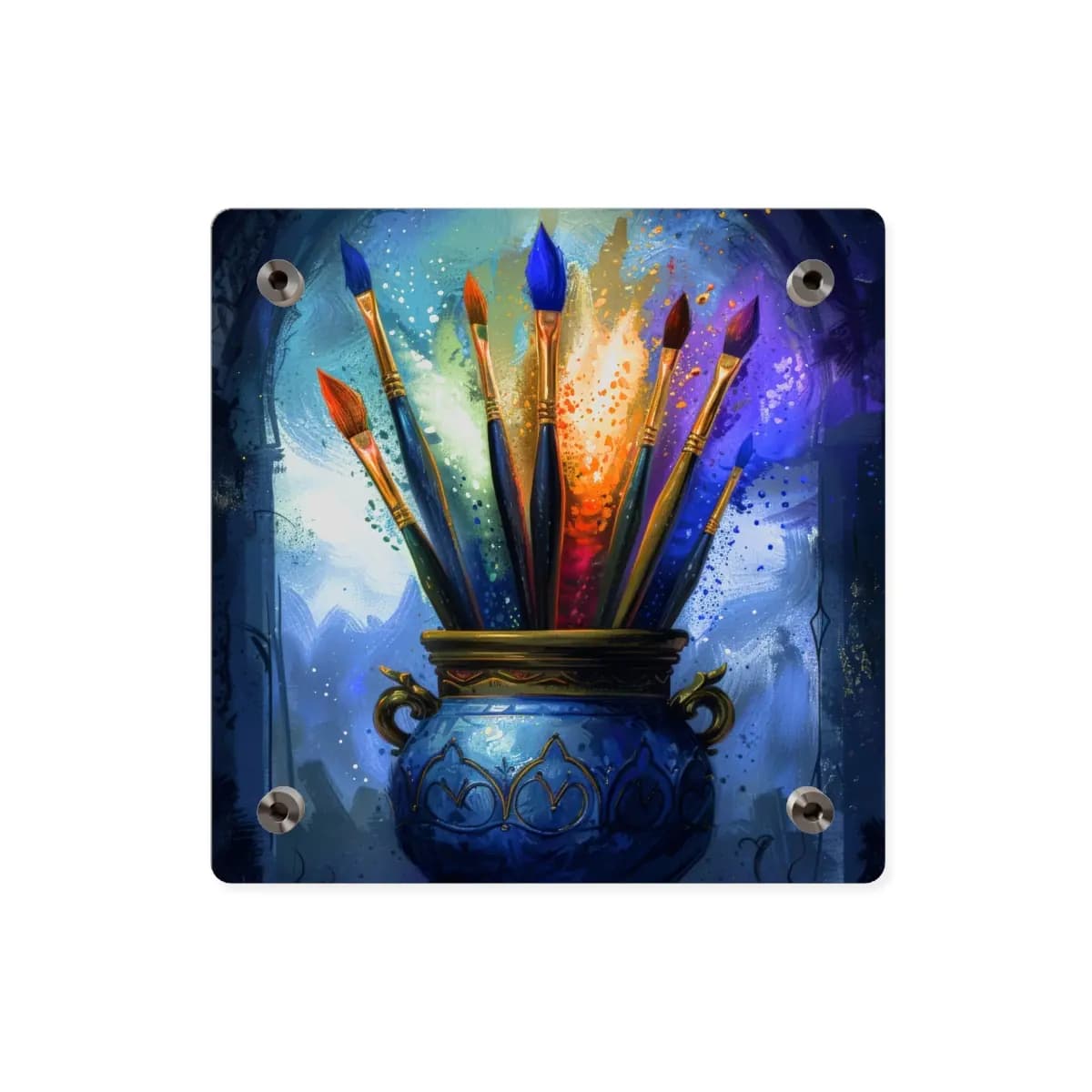 The Cauldron of Enchanted Paintbrushes - Acrylic Wall Art Panels mockup angle 2