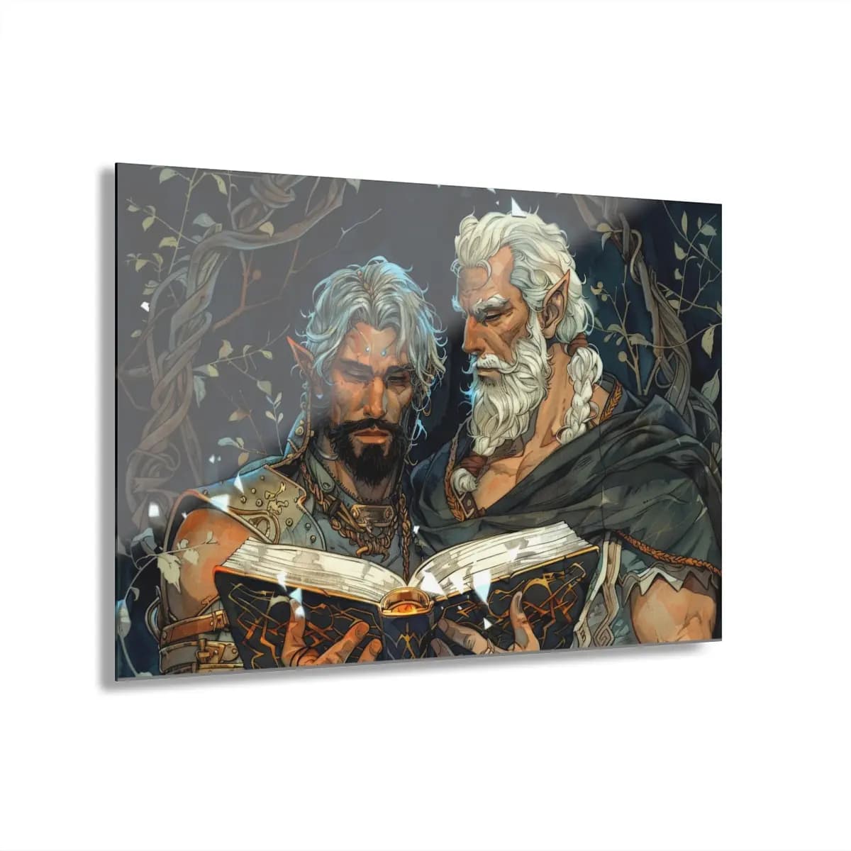 Two Ancient Elves Commune Over a Glowing Tome - Acrylic Prints (French Cleat Hanging) mockup angle 1