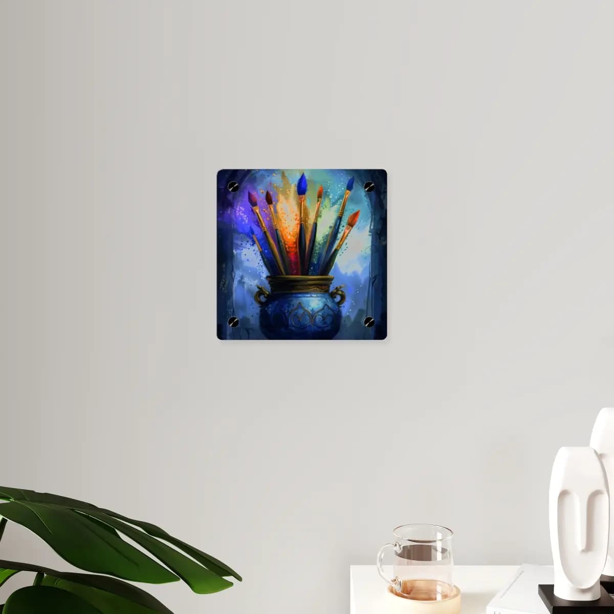 The Cauldron of Enchanted Paintbrushes - Acrylic Wall Art Panels mockup angle 3