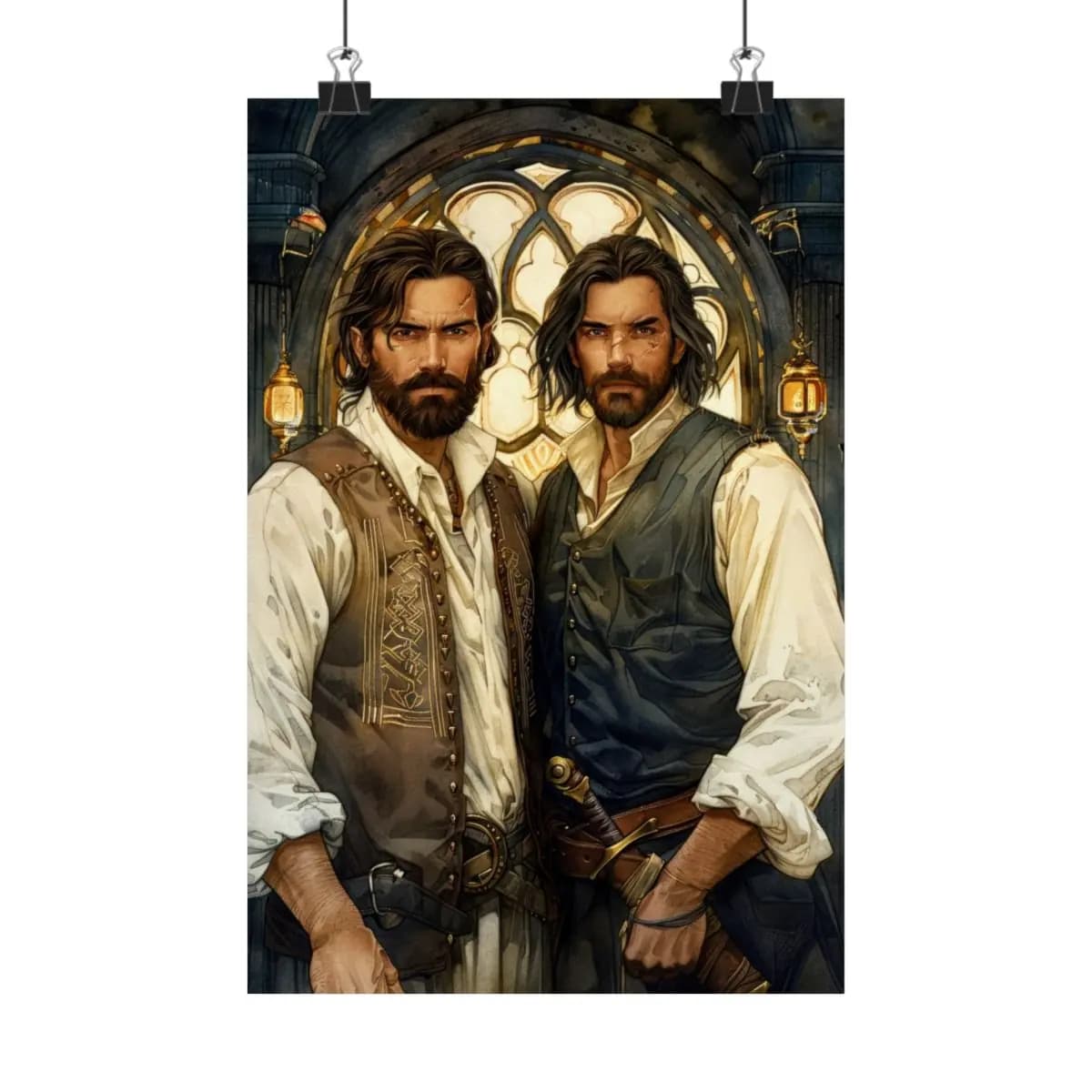 Two Adventurers Beneath the Gothic Arch - Matte Vertical Posters mockup angle 1