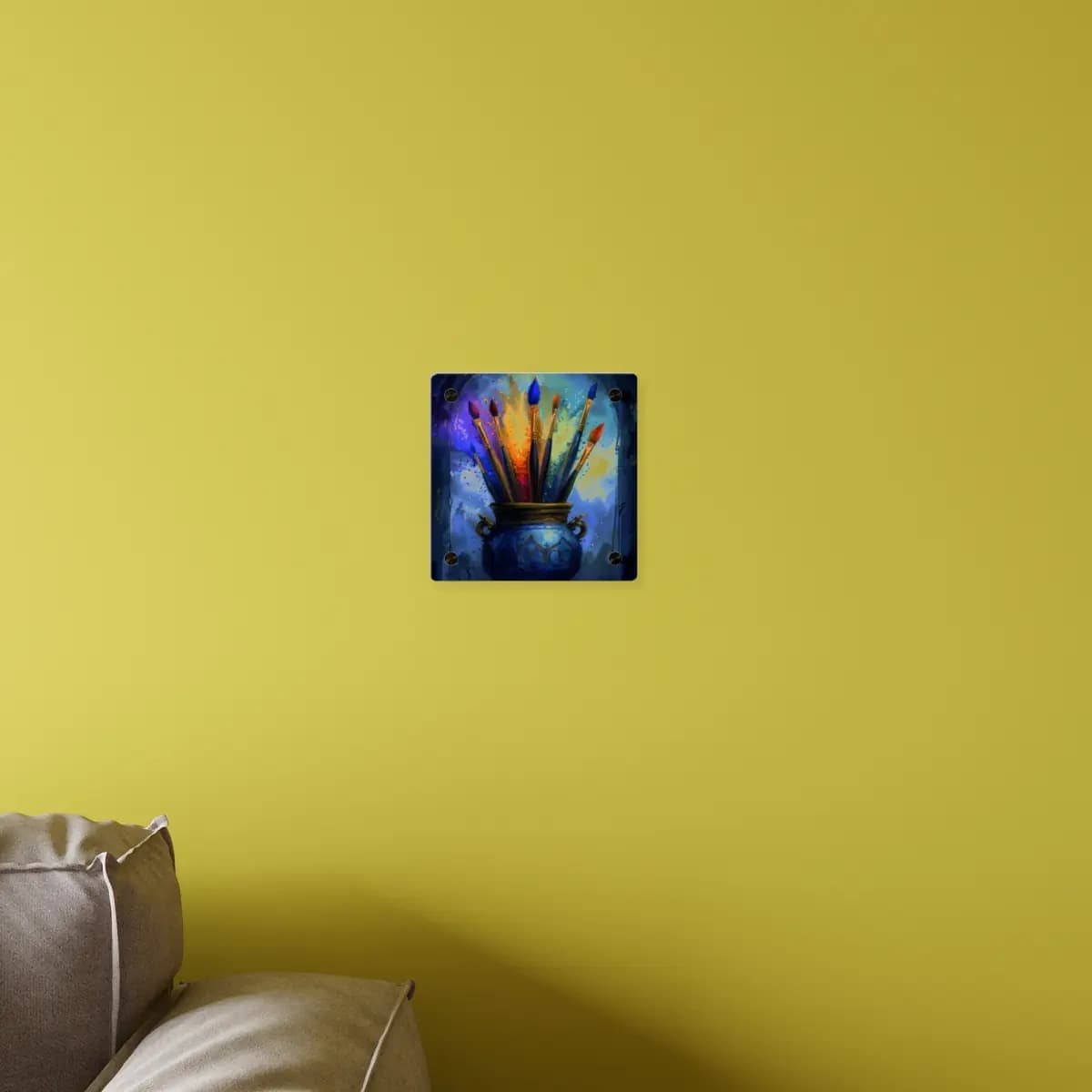 The Cauldron of Enchanted Paintbrushes - Acrylic Wall Art Panels mockup angle 4
