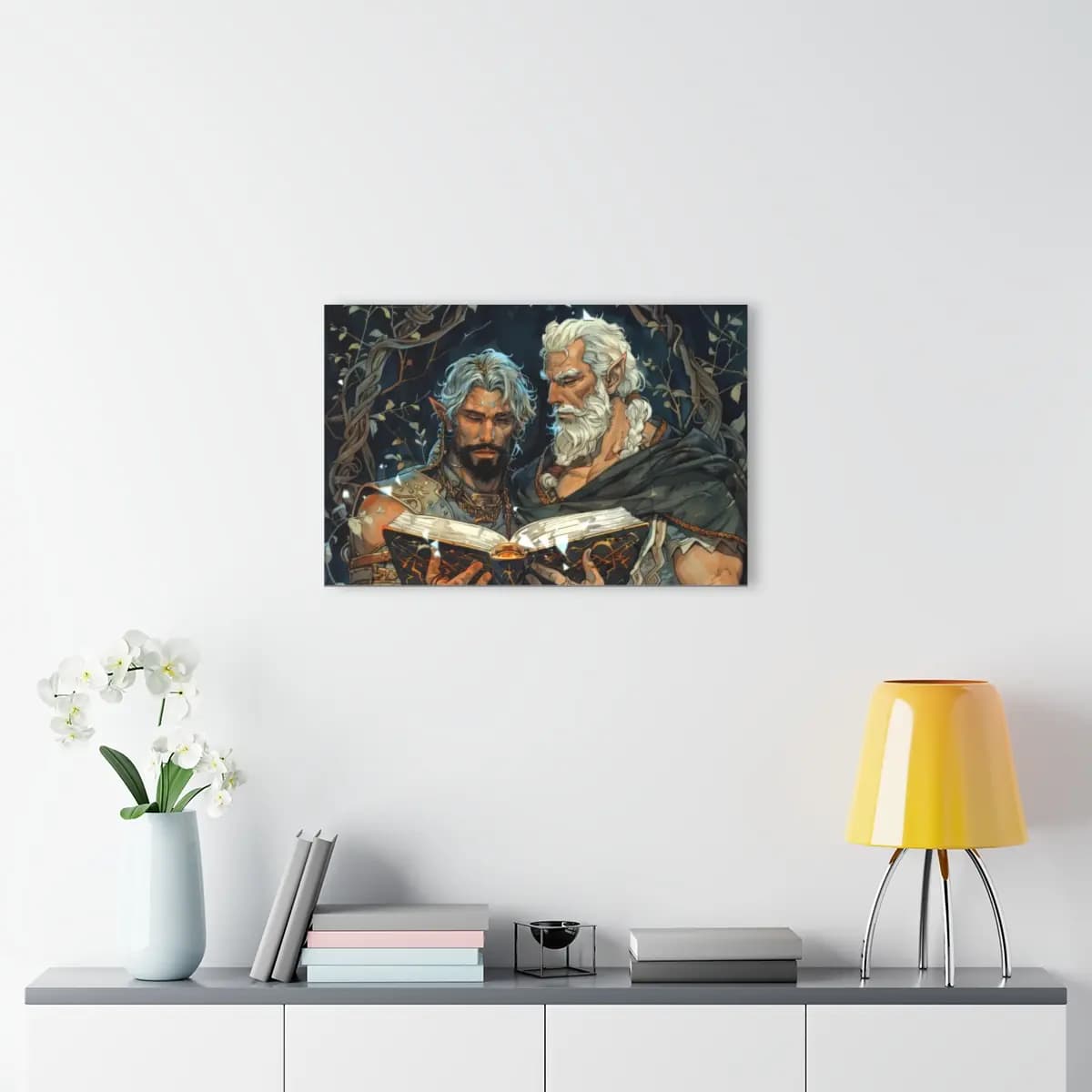 Two Ancient Elves Commune Over a Glowing Tome - Acrylic Prints (French Cleat Hanging) mockup angle 4