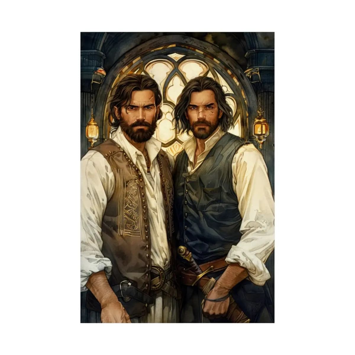 Two Adventurers Beneath the Gothic Arch - Matte Vertical Posters mockup angle 2