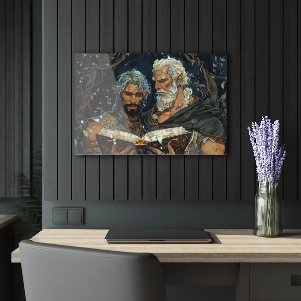 Two Ancient Elves Commune Over a Glowing Tome - Acrylic Prints (French Cleat Hanging) mockup angle 5